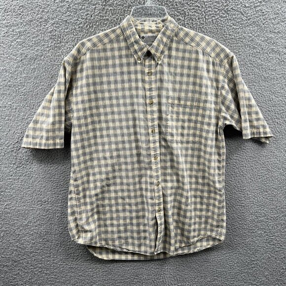 Columbia Mens Shirt Extra Large Shirt Tan Gray Plaid 100% Cotton‎ Button Front - Picture 1 of 9